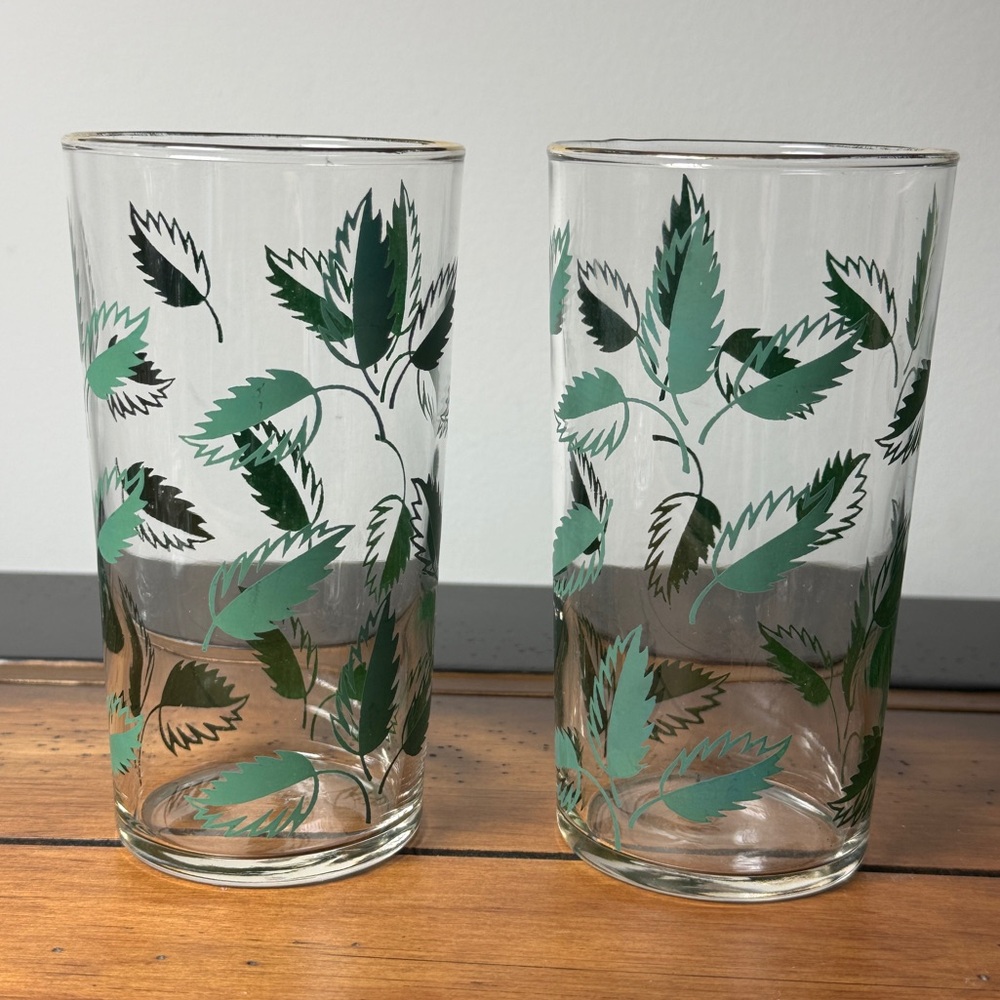 Set Of 2 Vintage Drinking Glasses Cocktail Highball Gold Green Leaves MCM